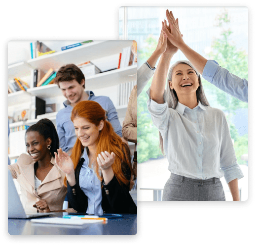 Two images showing happy coworkers that are excited about results. The left image shows four young coworkers smiling as they surround a laptop on a desk. The right image has three young coworkers high fiving together after hearing good news