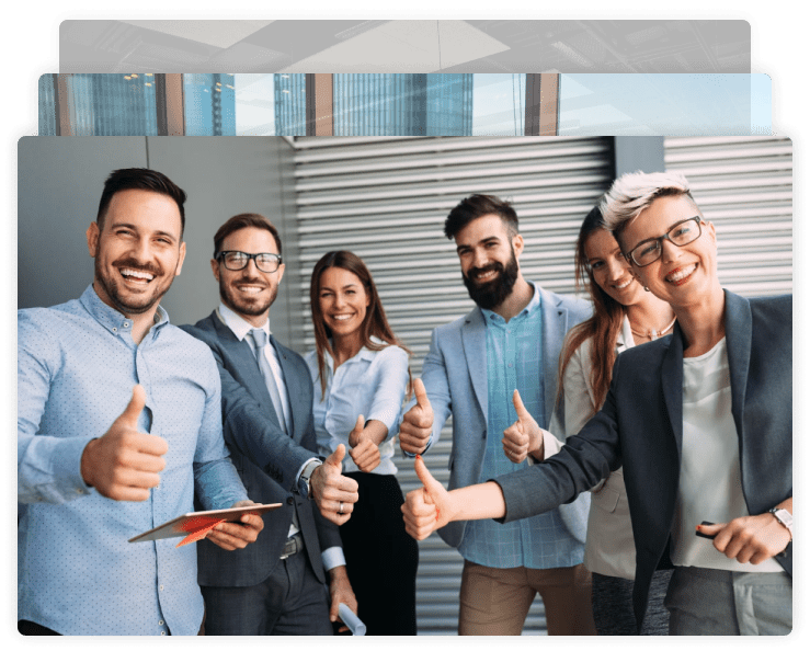6 happy business people smiling as they all give a thumbs up